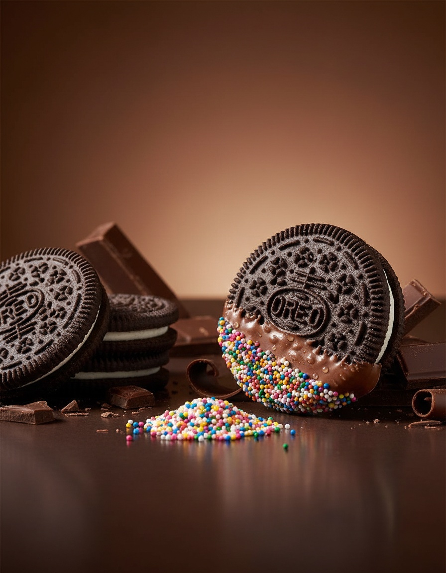 Chocolate sandwich cookies half-dipped in chocolate and coated in rainbow sprinkles