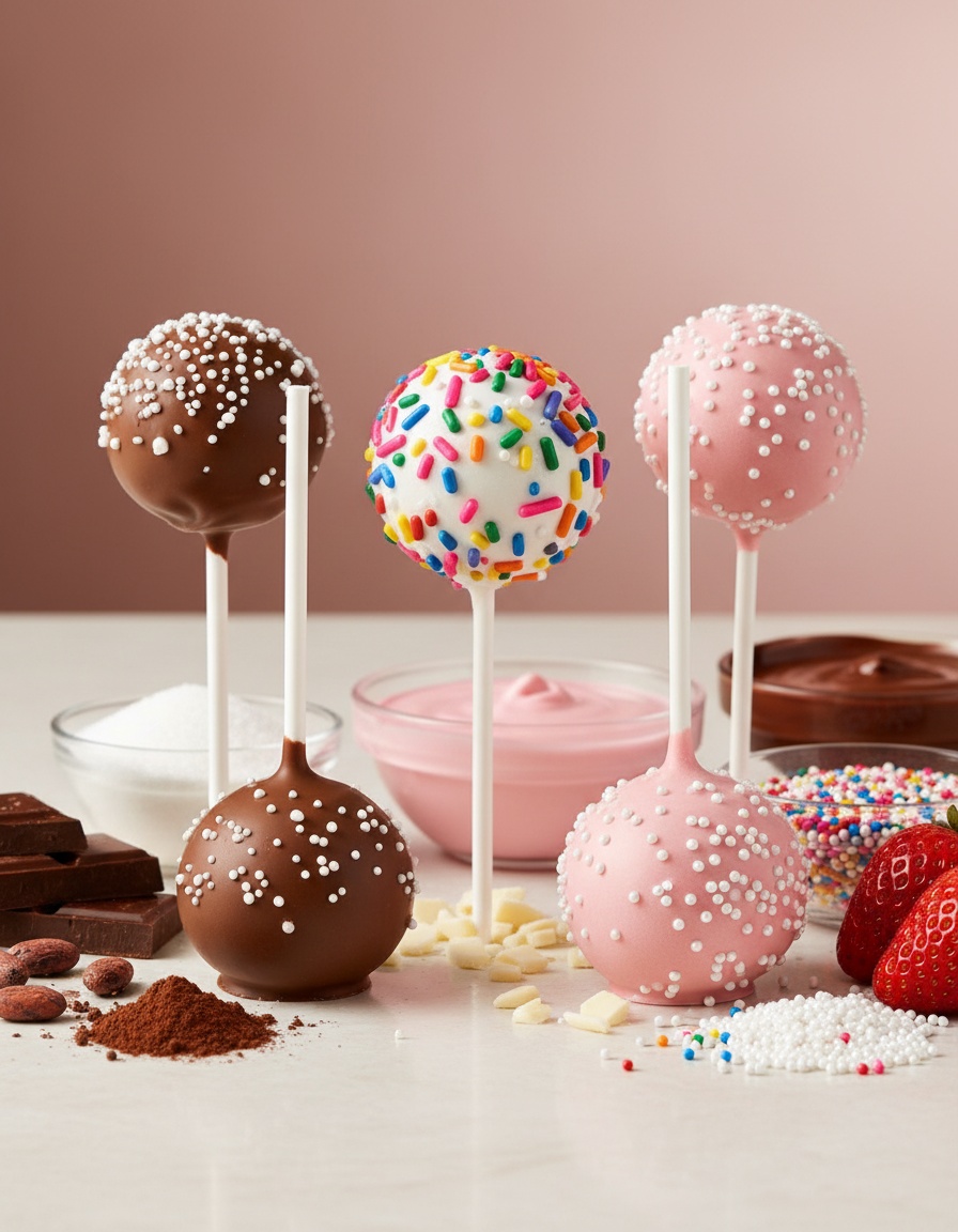 Chocolate-dipped cake pops on sticks with colorful sprinkles